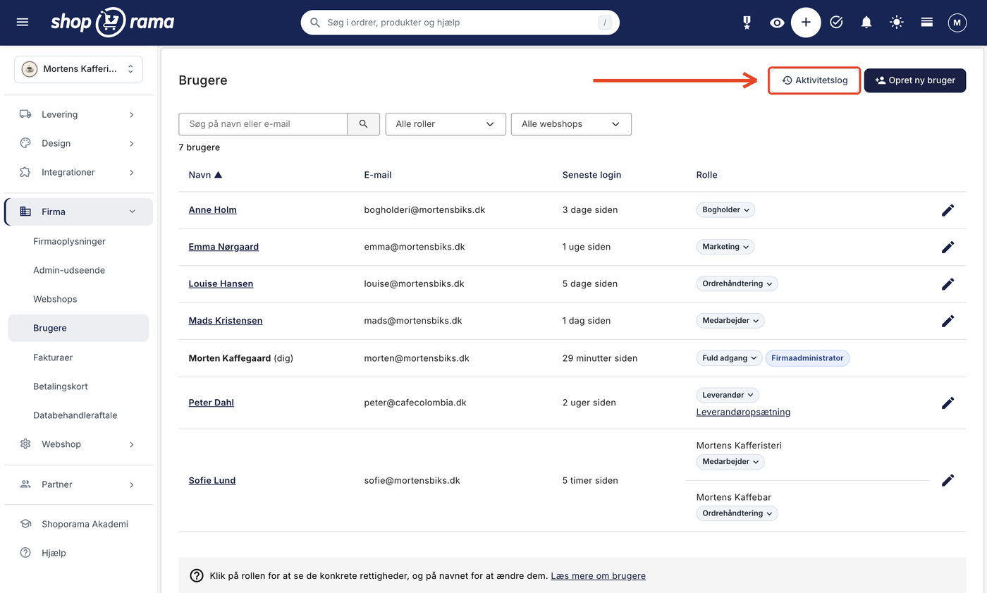 Siden Brugere under Firma i Shoporama med knappen Aktivitetslog øverst til højre ved siden af Opret ny bruger. Under knapperne står brugerlisten med kolonnerne Navn, E-mail, Seneste login, og Rolle
