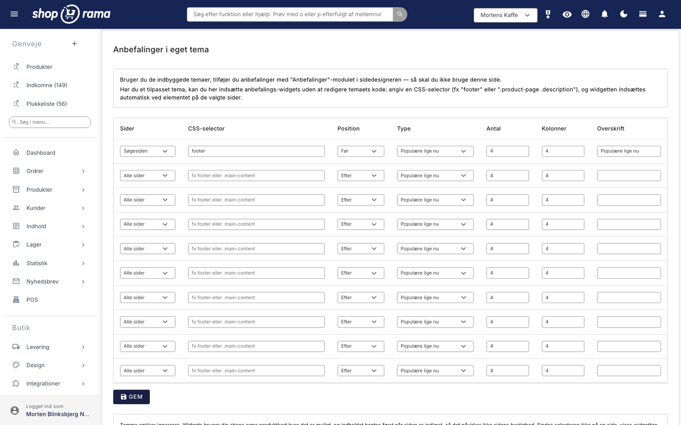 Siden "Anbefalinger i eget tema" i Shoporamas administration med felter for sider, CSS-selector, position, type, antal og kolonner