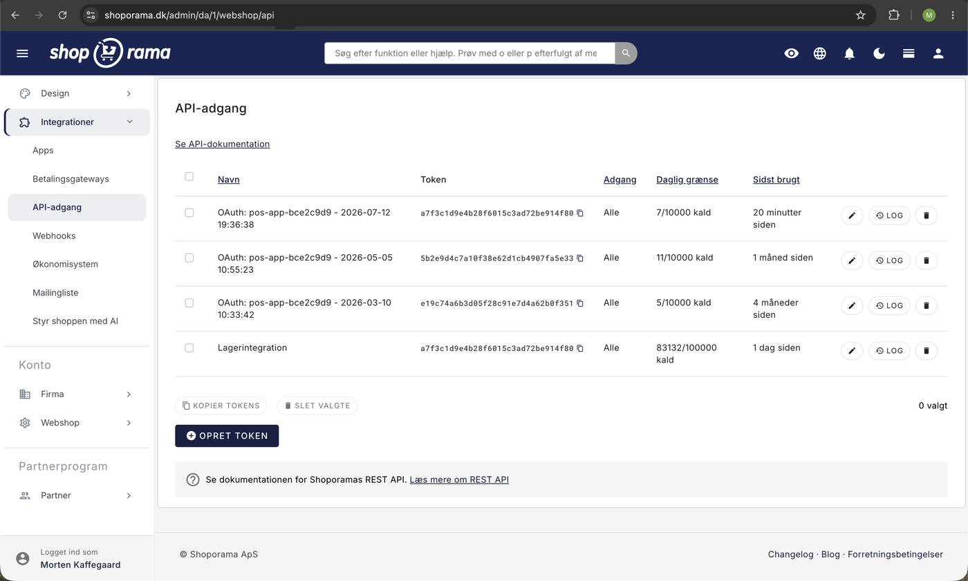 API-adgang under Integrationer i Shoporama-admin: tabel over API-tokens med adgangsniveau, daglig grænse, og sidst brugt, samt knappen Opret token