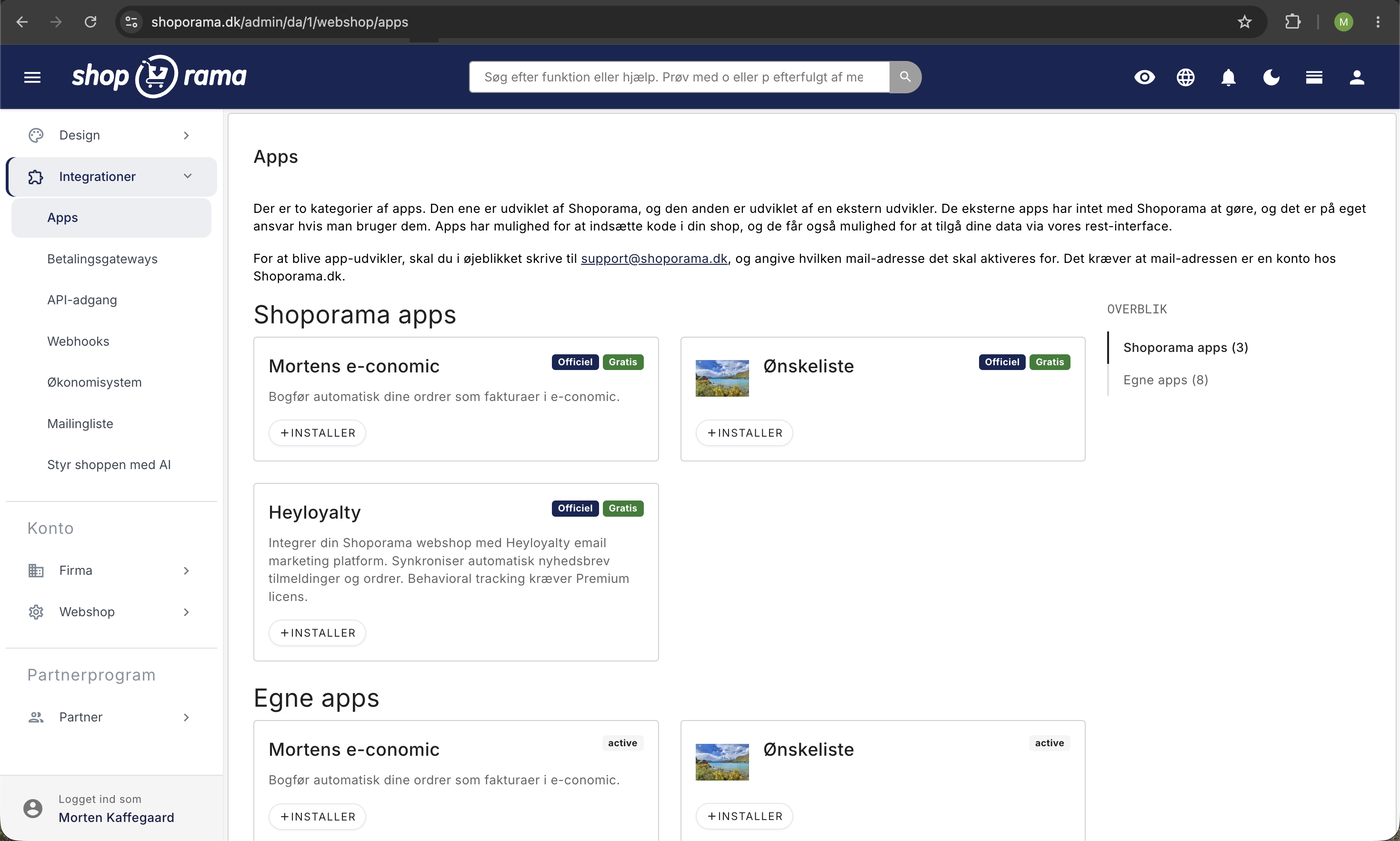 Apps-siden under Integrationer i Shoporama-admin med e-conomic-appen, Ønskeliste, og Heyloyalty samt Installer-knapper