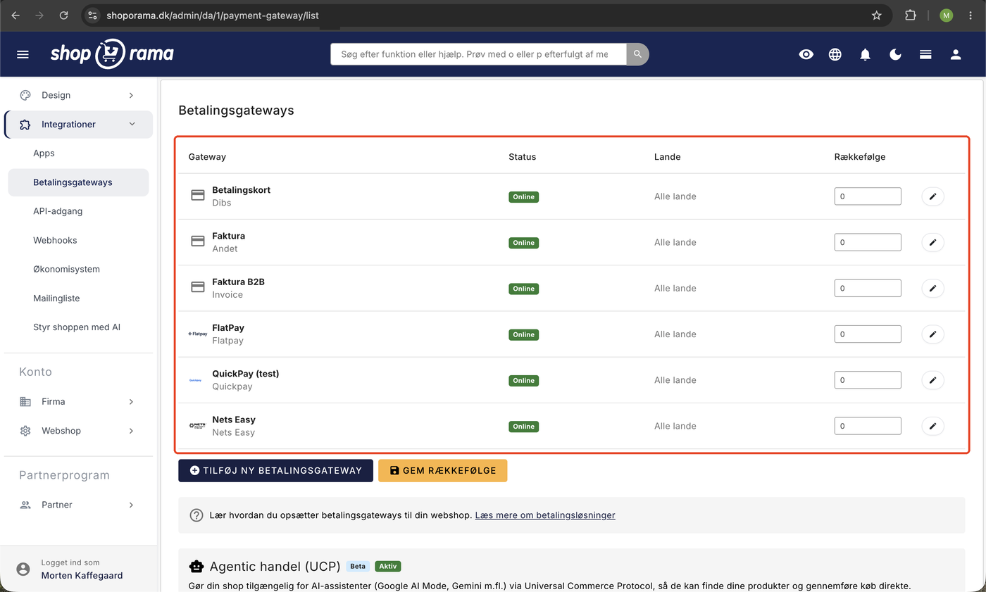 Oversigt over betalingsgateways i Shoporama-admin under menupunktet Integrationer, med kolonnen Lande der viser 'Alle lande' for hver gateway.