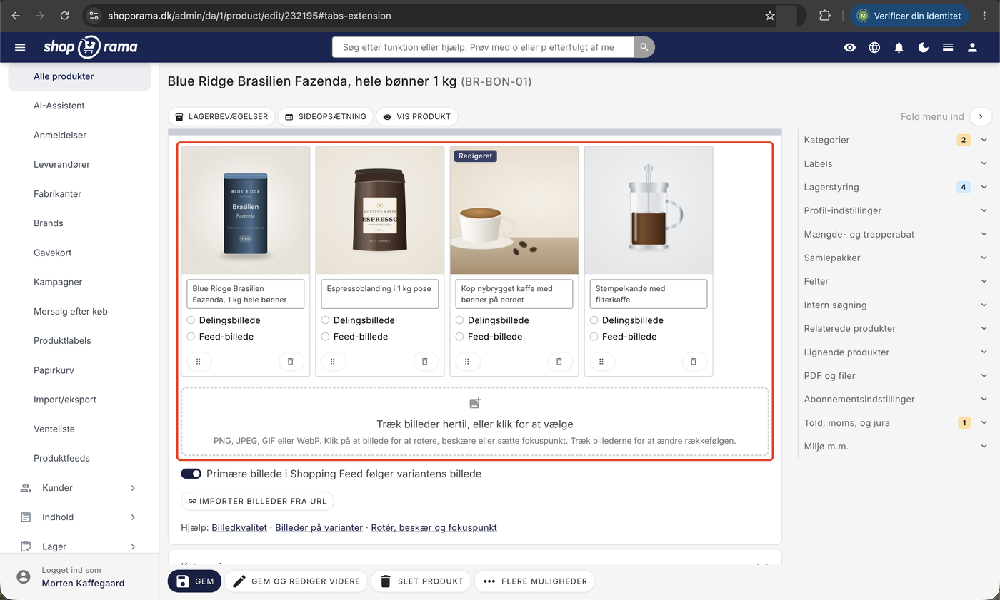 Produktbilleder-sektionen i Shoporama-admin med fire billedkort og en drop-zone hvor billeder trækkes ind i PNG, JPEG, GIF eller WebP