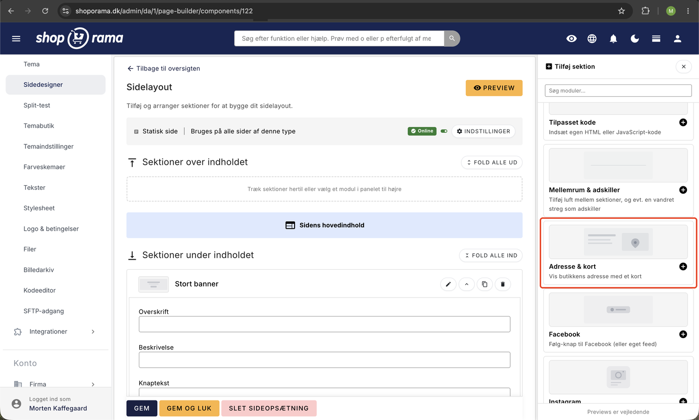 Sidedesignerens sektionsvælger med bloktypen Adresse & kort markeret med rød ramme og undertekst Vis butikkens adresse med et kort.