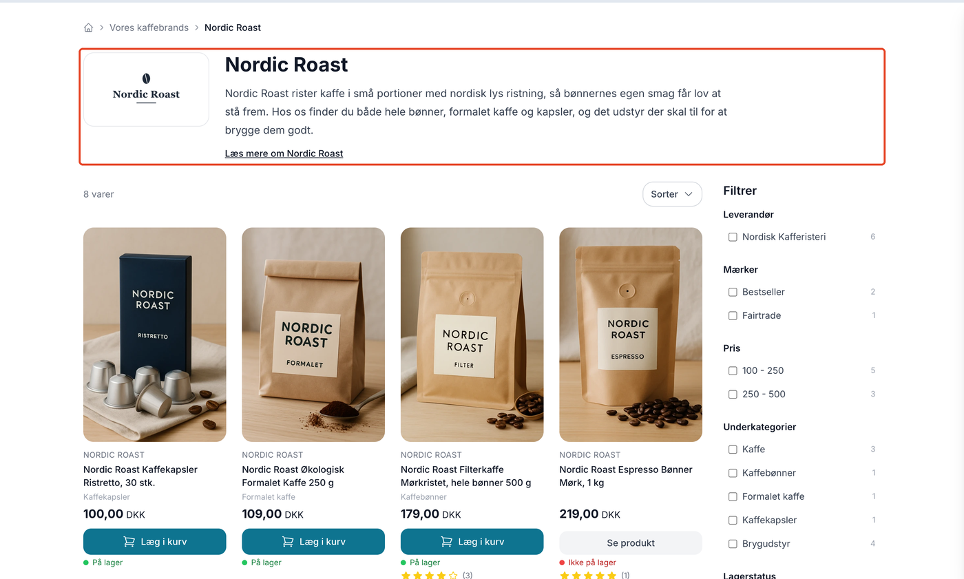 En brandside i Montana for Nordic Roast med brødkrummer, brandets logo, navnet som overskrift, introen, og linket Læs mere om Nordic Roast markeret. Under ses antal varer og knappen Sorter.