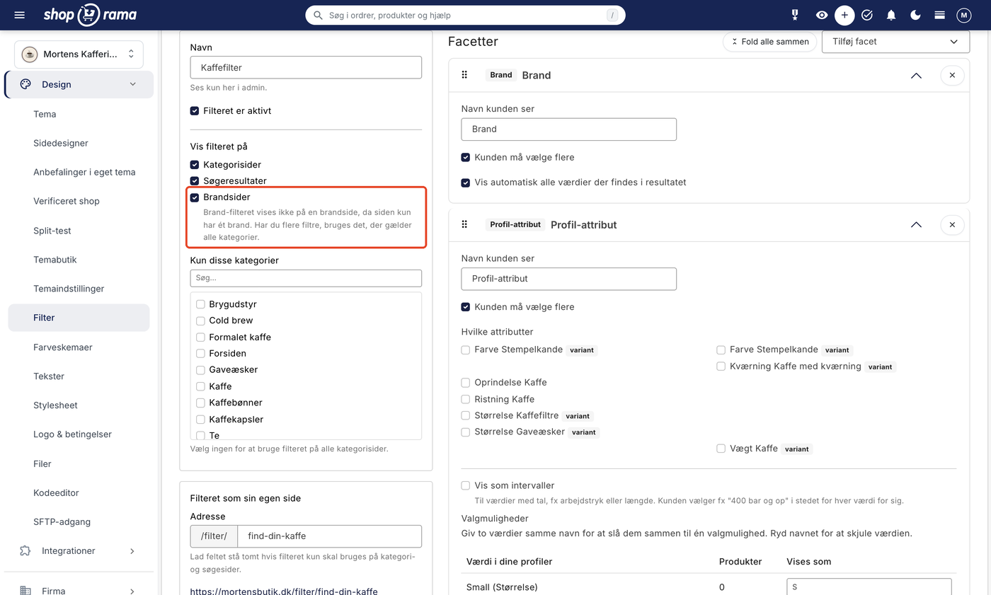 Et filter under Design, Filter, hvor fluebenet Brandsider under Vis filteret på er markeret, med hjælpeteksten om at brand-filteret ikke vises på en brandside.