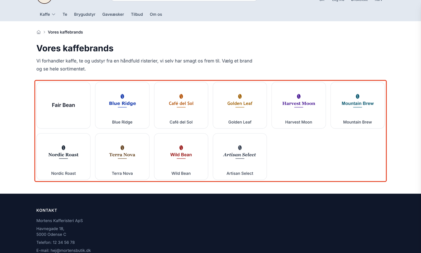 Oversigten over brands i Montana med overskriften Vores kaffebrands, en kort intro, og et markeret gitter med brandenes logoer og navne. Fair Bean har intet logo og vises med navnet.