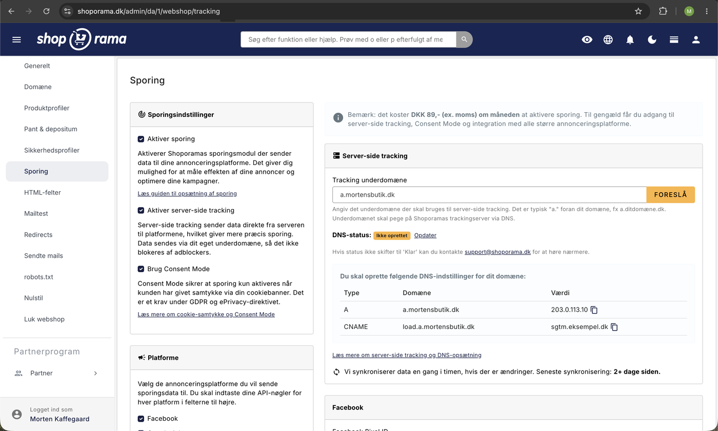 Sporing-siden i Shoporama-admin med sporingsindstillinger, hvor Brug Consent Mode er slået til sammen med Aktiver sporing og server-side tracking.