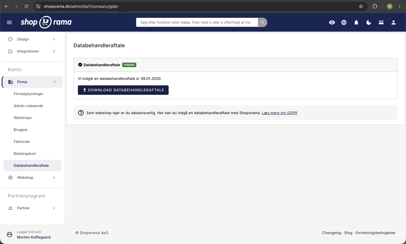 Databehandleraftale-siden i Shoporama-admin med grøn status Indgået og knappen Download databehandleraftale under Konto og Firma.