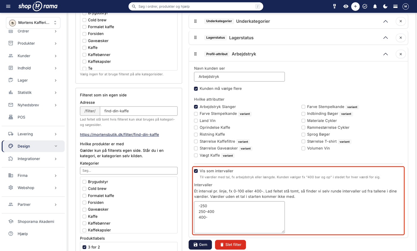 Attributfacetten Arbejdstryk i filter-byggeren med flueben i Vis som intervaller og tre intervaller i feltet Intervaller