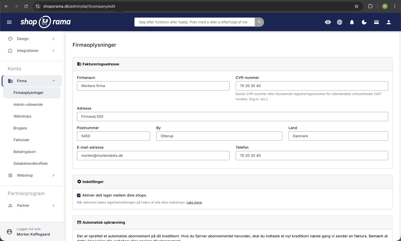 Firmaoplysninger i Shoporama-admin med felter for firmanavn, CVR-nummer, adresse, postnummer, by, land, e-mail, og telefon