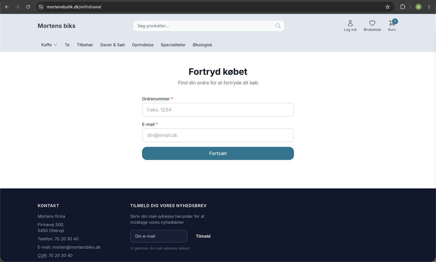 Fortryd købet-siden i webshoppen med felterne Ordrenummer og E-mail samt en Fortsæt-knap til at finde ordren
