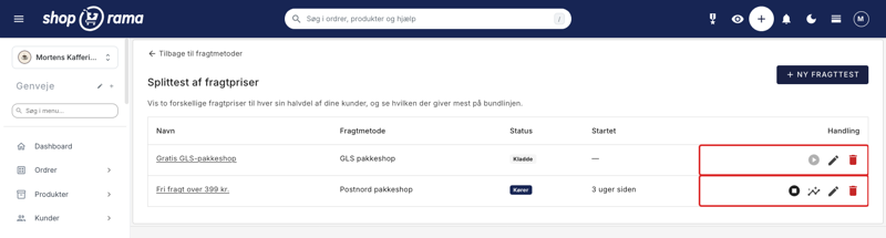 Oversigt over fragttests med status kladde og kører samt handlingsikoner