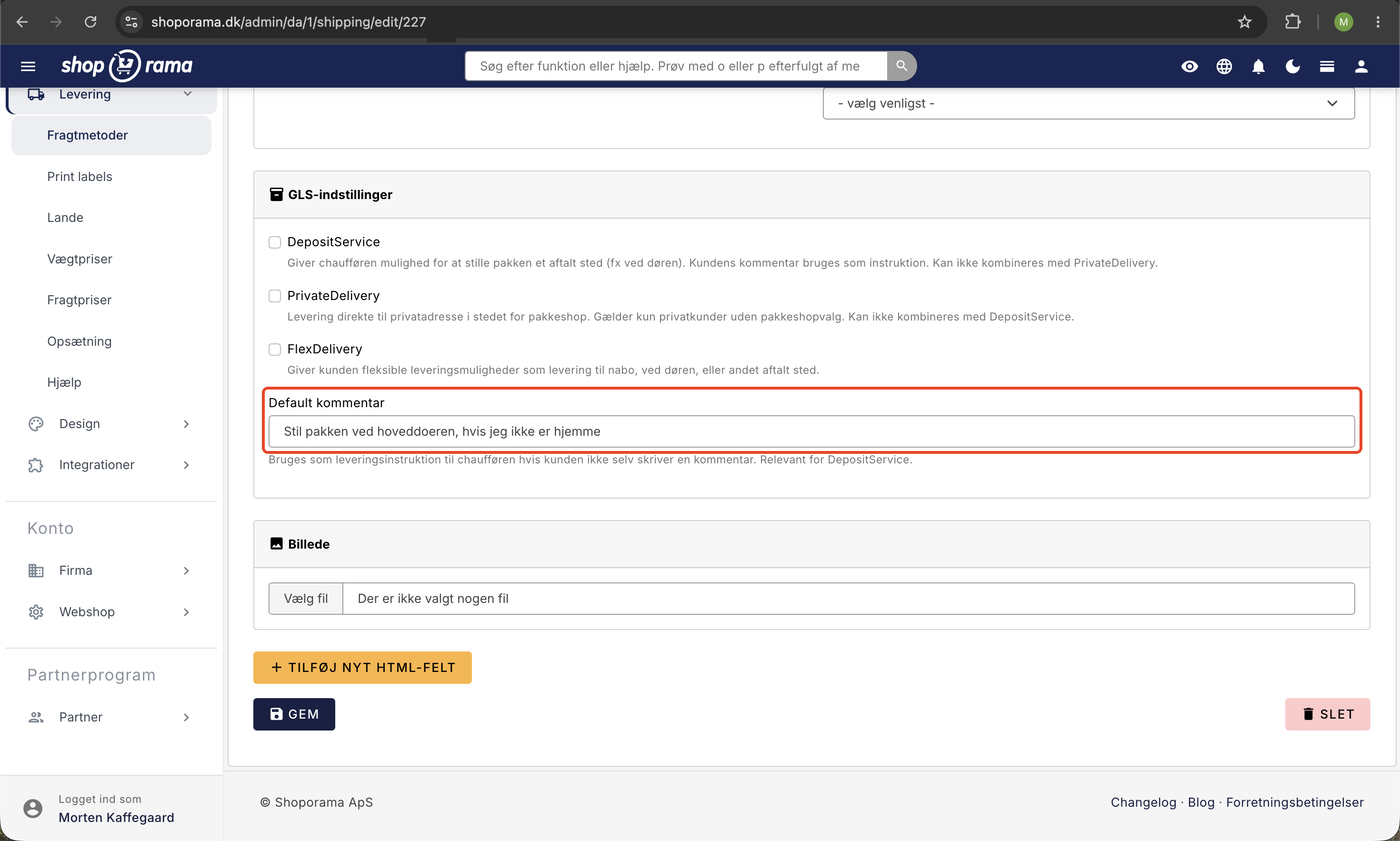 GLS-indstillinger på en fragtmetode med DepositService, PrivateDelivery, og FlexDelivery samt feltet Default kommentar udfyldt i Shoporama admin