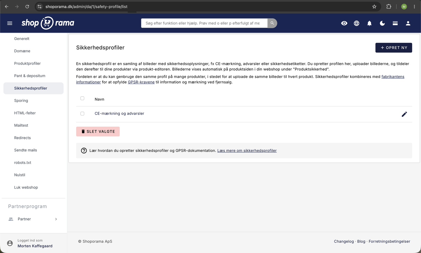 Oversigt over sikkerhedsprofiler i Shoporama-admin med profilen CE-mærkning og advarsler samt knappen Opret ny til GPSR-dokumentation.