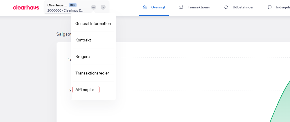 Menuen på my.clearhaus.com med punktet API nøgler markeret