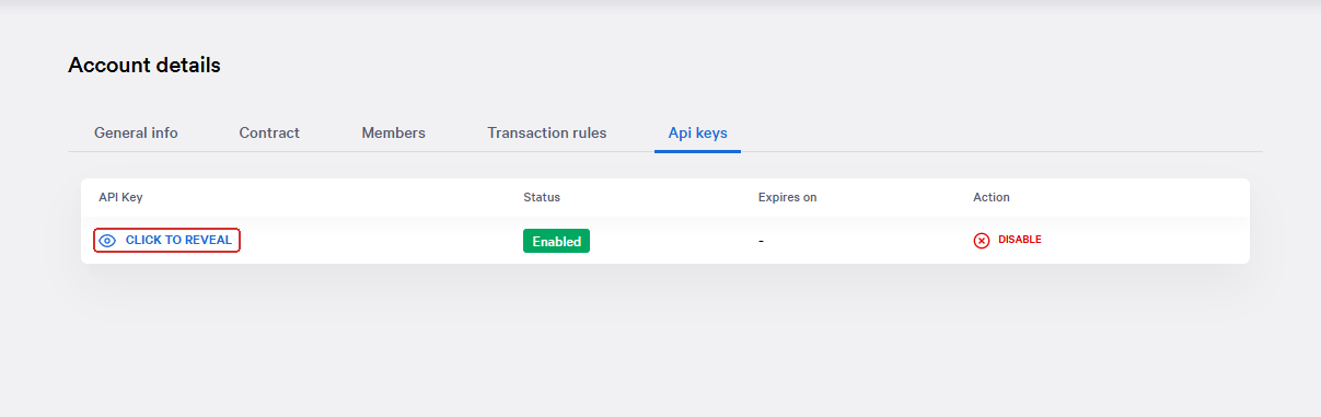 Fanen Api keys på my.clearhaus.com med linket Click to reveal