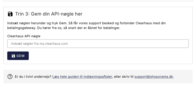 Feltet hvor Clearhaus API-nøglen indsættes og gemmes i Shoporama admin