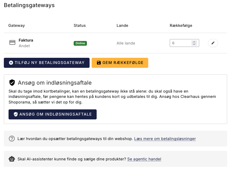 Betalingsgateways-siden i Shoporama admin med boksen Ansøg om indløsningsaftale nederst
