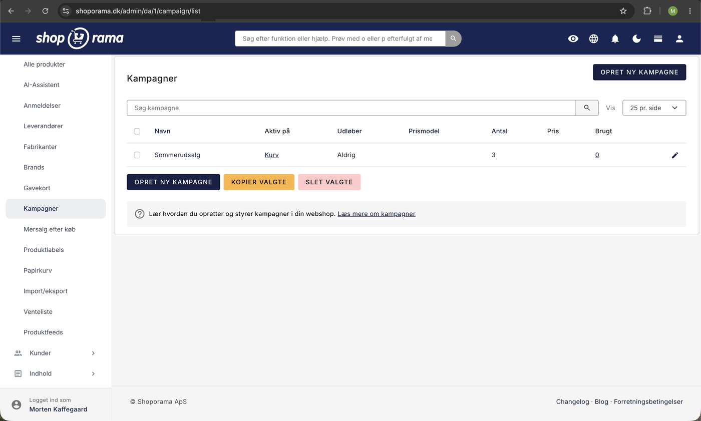 Kampagnelisten i Shoporama-admin med kolonner for navn, hvor kampagnen er aktiv, udløb, prismodel, antal og forbrug samt knappen Opret ny kampagne