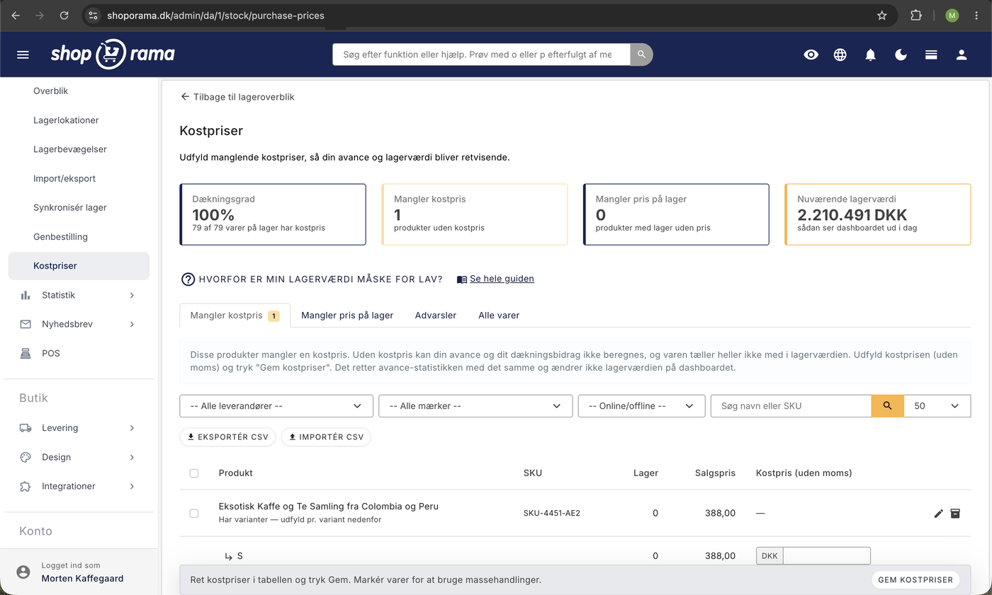 Kostpriser-siden i Shoporama-admin viser dækningsgrad på 100 procent, ét produkt uden kostpris, og en nuværende lagerværdi på 2.210.491 DKK