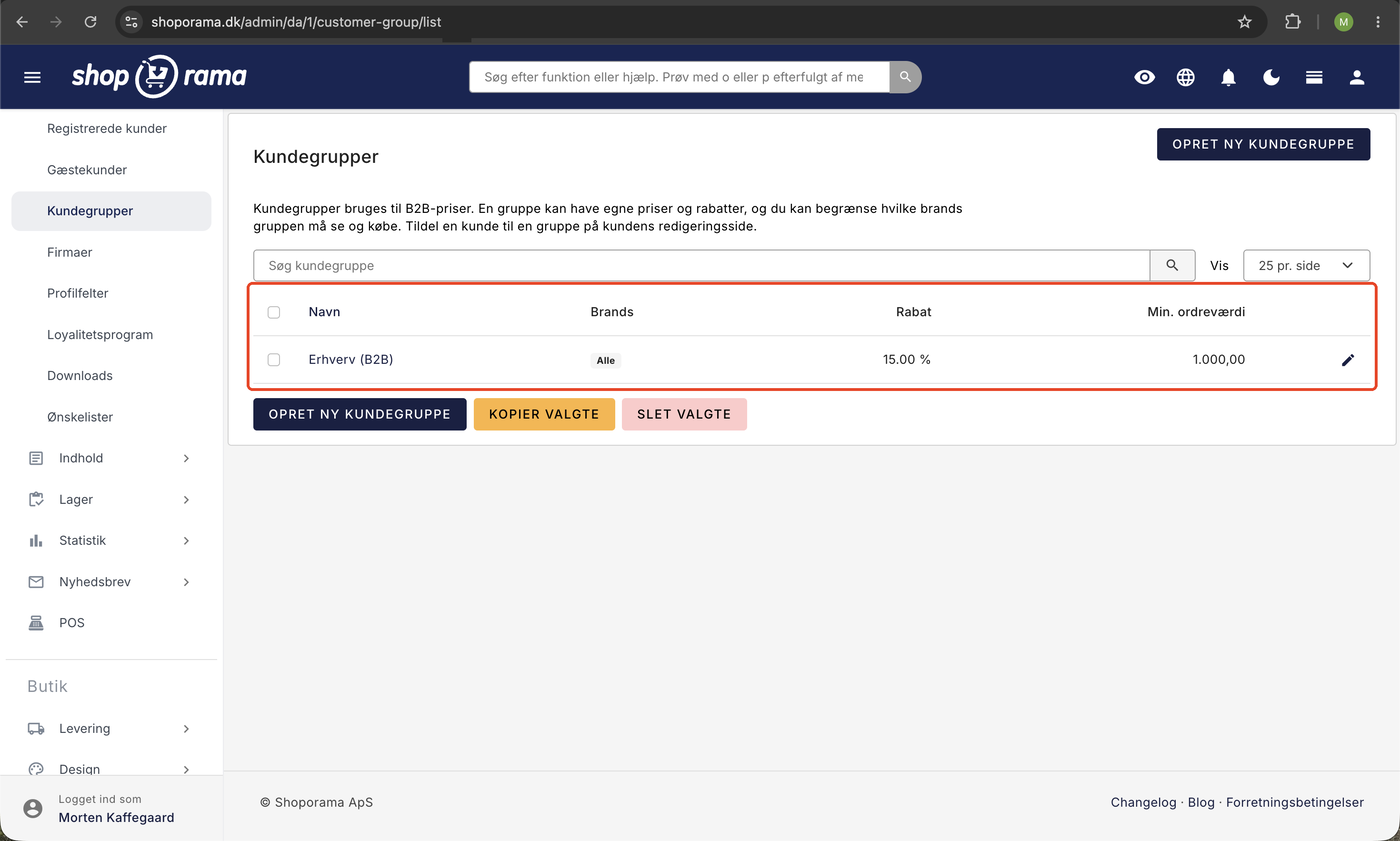 Kundegrupper i Shoporama admin med gruppen Erhverv (B2B), adgang til alle brands, 15 % rabat, og en minimums ordreværdi på 1.000 kroner