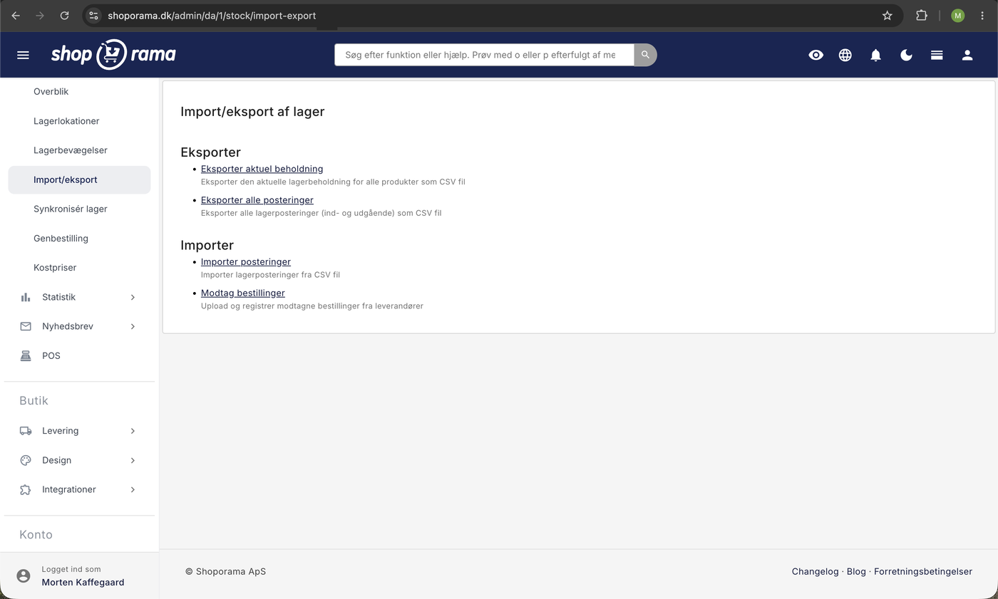 Siden Import/eksport af lager i admin med sektionerne Eksporter og Importer, hvor punktet Modtag bestillinger bruges til upload af følgesedler.