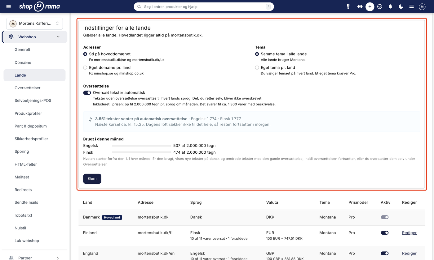 Kortet Indstillinger for alle lande under Webshop → Lande med Adresser (Sti på hoveddomænet eller Eget domæne pr. land), Tema (Samme tema i alle lande eller Eget tema pr. land), og Oversættelse med kontakten Oversæt tekster automatisk slået til og teksten om, at op til 2.000.000 tegn pr. sprog om måneden er inkluderet i prisen. Under kontakten står boksen med 3.551 tekster, der venter på automatisk oversættelse, og Brugt i denne måned med en bjælke for Engelsk og Finsk, fx 507 af 2.000.000 tegn, og nederst knappen Gem.