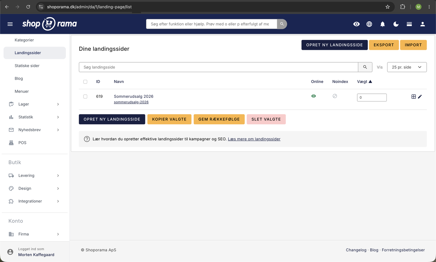 Oversigten Dine landingssider i Shoporama-admin med landingssiden Sommerudsalg 2026 samt knapper til at oprette ny, eksportere, og importere landingssider
