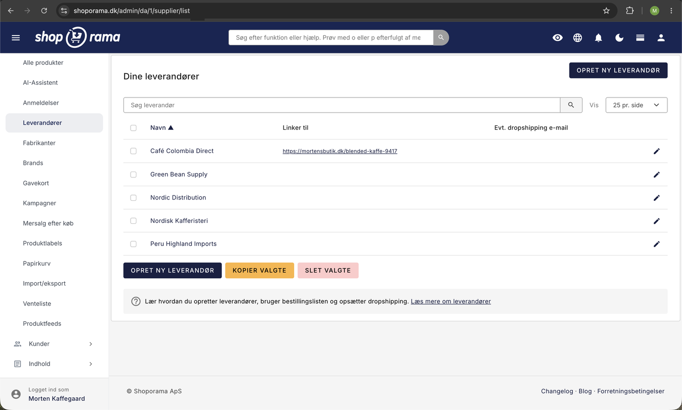 Leverandørlisten i Shoporama admin med kolonnerne Navn, Linker til, og dropshipping e-mail og fem oprettede leverandører