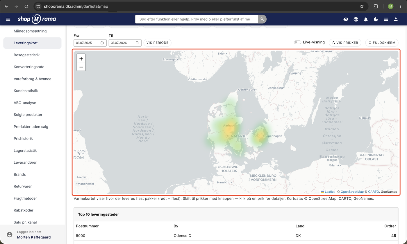 Leveringskort i Shoporama-admin med varmekort over Danmark, hvor Aarhus og København lyser op som hotspots, periodevælger og Live-visning-kontakt
