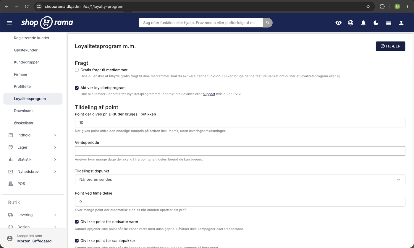 Opsætning af loyalitetsprogram i Shoporama med point pr. DKK, venteperiode, tildelingstidspunkt, og fravalg af nedsatte varer og samlepakker