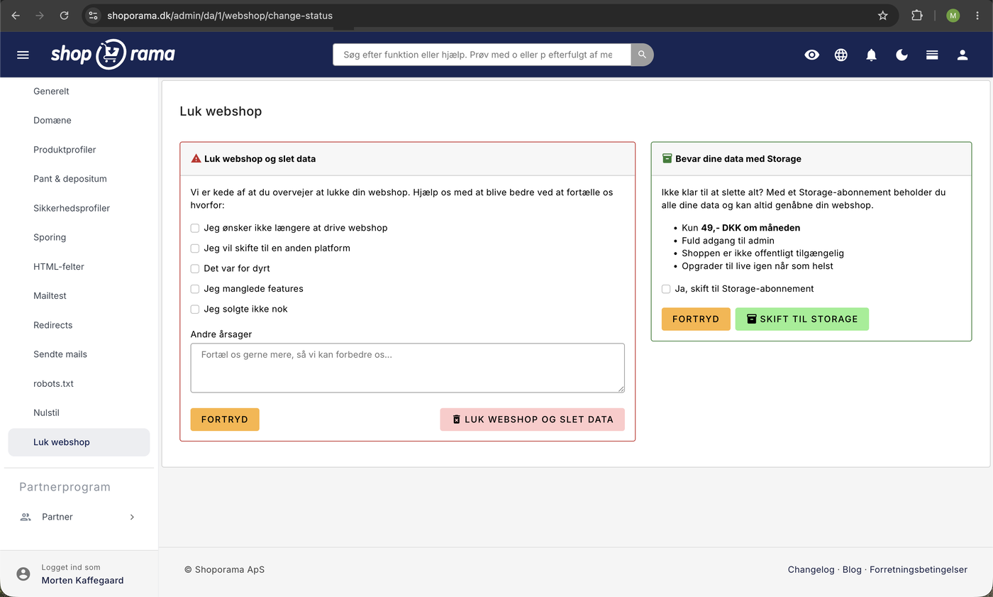 Luk webshop-siden i Shoporama-admin med rødt panel til at lukke og slette data og grønt panel til at bevare data med et Storage-abonnement