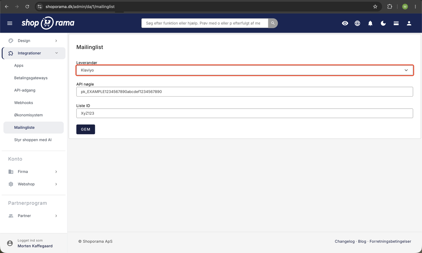 Mailingliste-opsætning under Integrationer i Shoporama med leverandør-dropdown, felt til API-nøgle, felt til liste-ID, og Gem-knap.