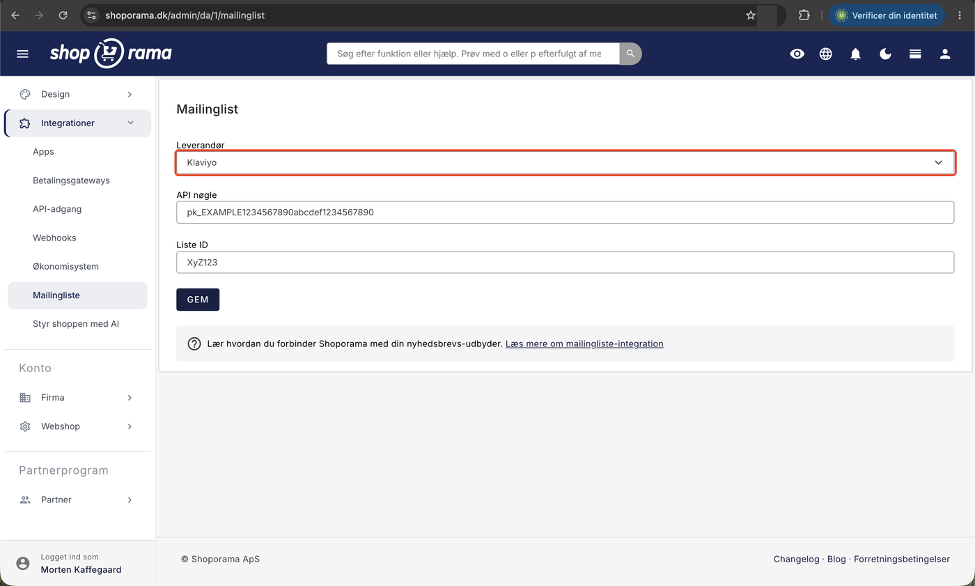 Siden Mailingliste i Shoporama med Leverandør-feltet markeret og sat til Klaviyo, plus felterne API-nøgle og Liste ID