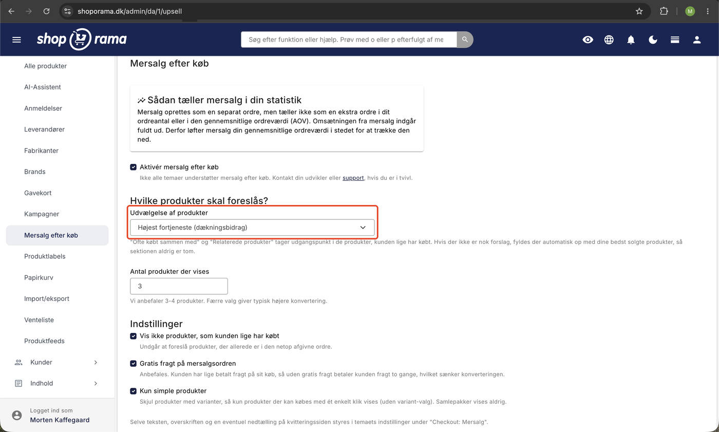 Opsætning af mersalg efter køb i Shoporama-admin med aktivering, dropdown til udvælgelse af produkter sat til Højest fortjeneste, og de tre indstillinger