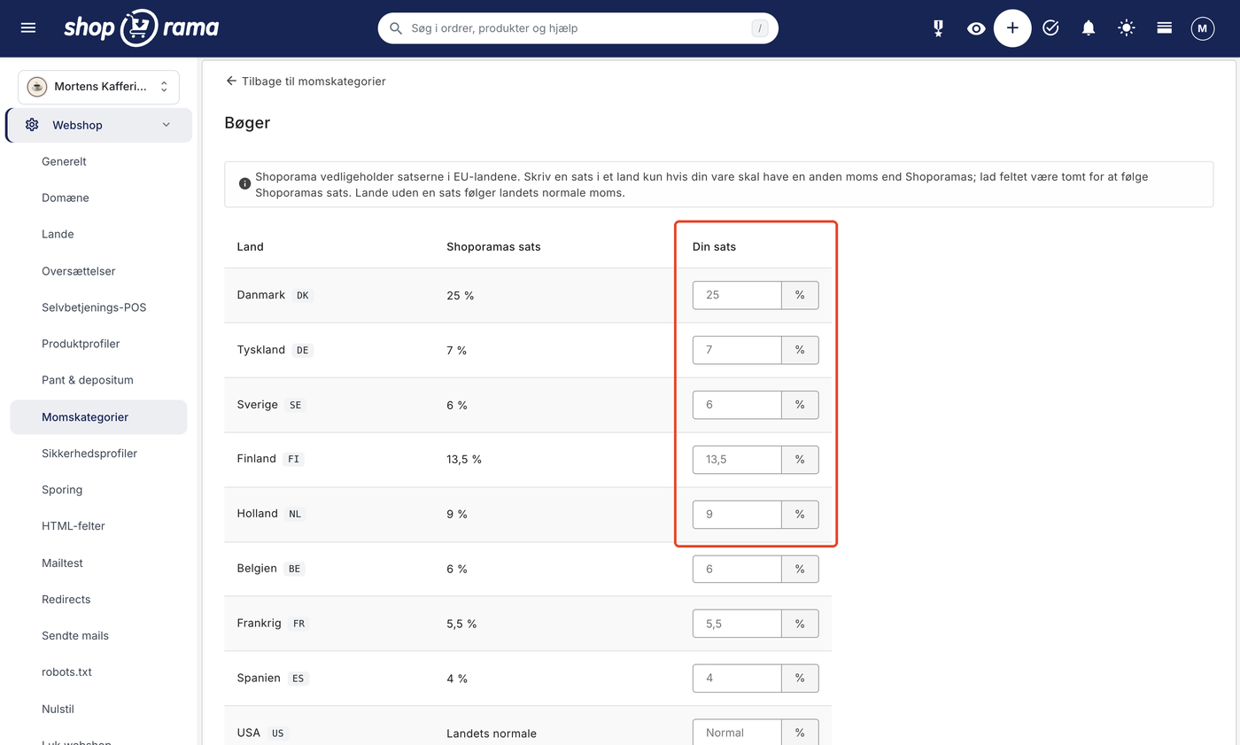 Redigeringssiden for kategorien Bøger med kolonnerne Land, Shoporamas sats, og Din sats. Kolonnen Din sats er markeret med en rød ramme. Felterne er tomme og viser Shoporamas satser i gråt, fx 25 for Danmark, 7 for Tyskland, og 6 for Sverige.