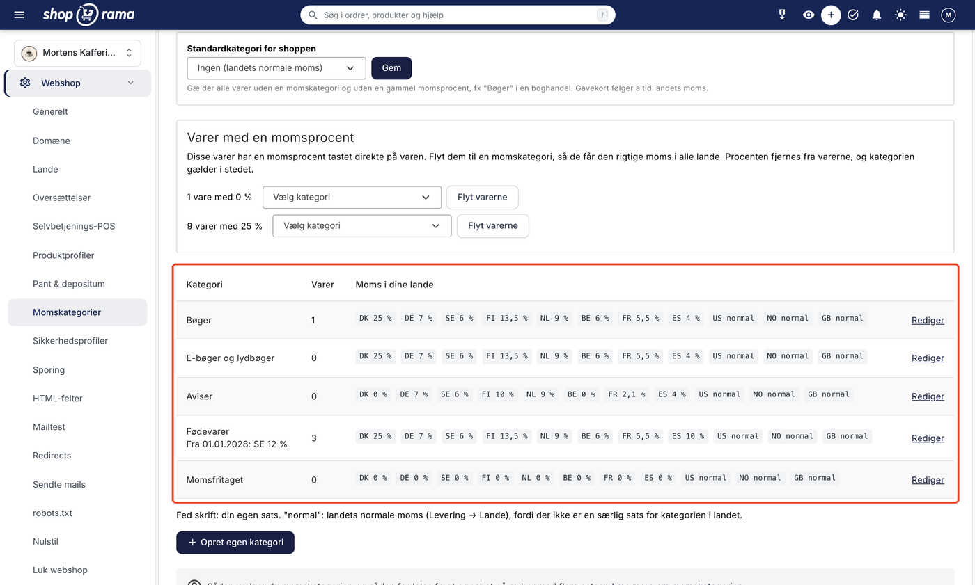 Siden Momskategorier under Webshop. Kortet Varer med en momsprocent viser fx 9 varer med 25 % med en dropdown og knappen Flyt varerne. Tabellen med kolonnerne Kategori, Varer, og Moms i dine lande er markeret med en rød ramme og viser satser pr. land, fx DK 25 %, DE 7 %, og SE 6 % for Bøger.