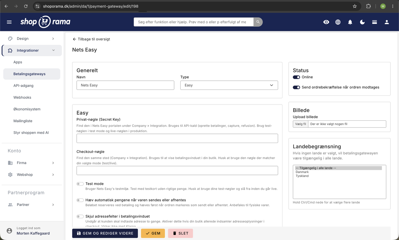 Opsætning af Nets Easy-gateway i Shoporama med Privat-nøgle, Checkout-nøgle, Test mode, automatisk hævning, og skjul af adressefelter.