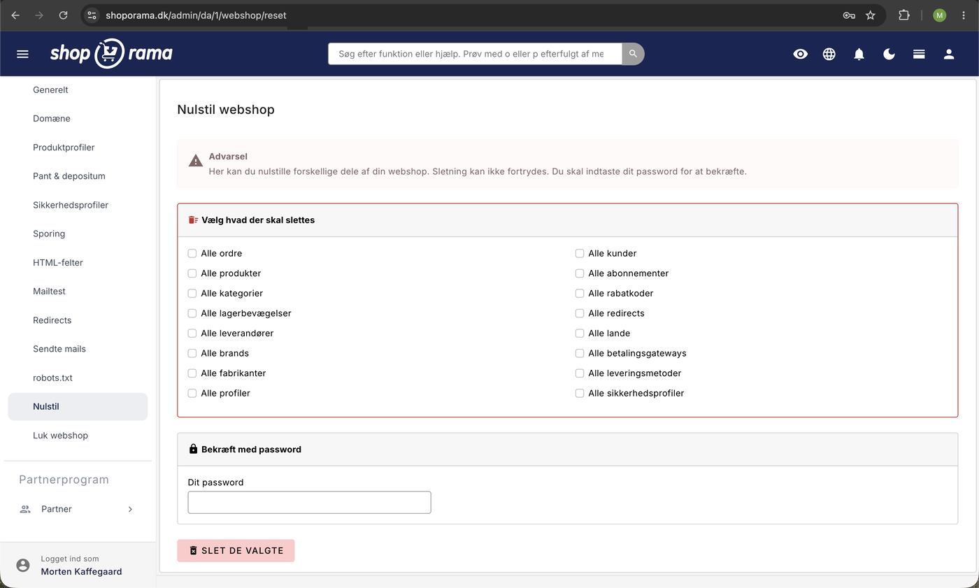 Nulstil webshop-siden i Shoporama admin med checkbokse for ordrer, produkter, lager, og kunder samt password-bekræftelse før sletning