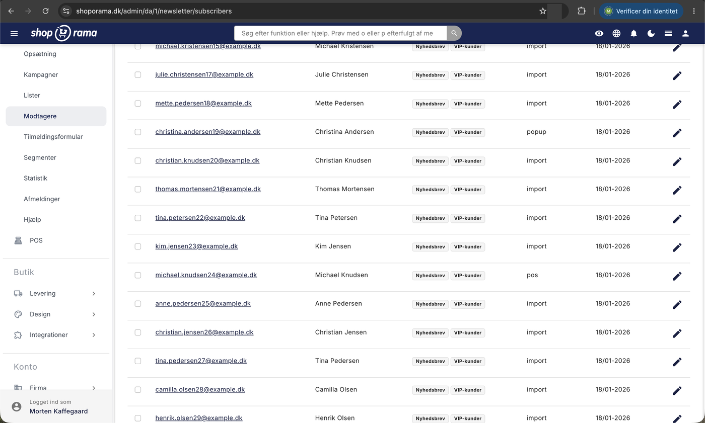 Oversigten over nyhedsbrevs-modtagere i Shoporama med e-mail, navn, hvilke lister modtageren er på, kilden til tilmeldingen, og tilmeldingsdato