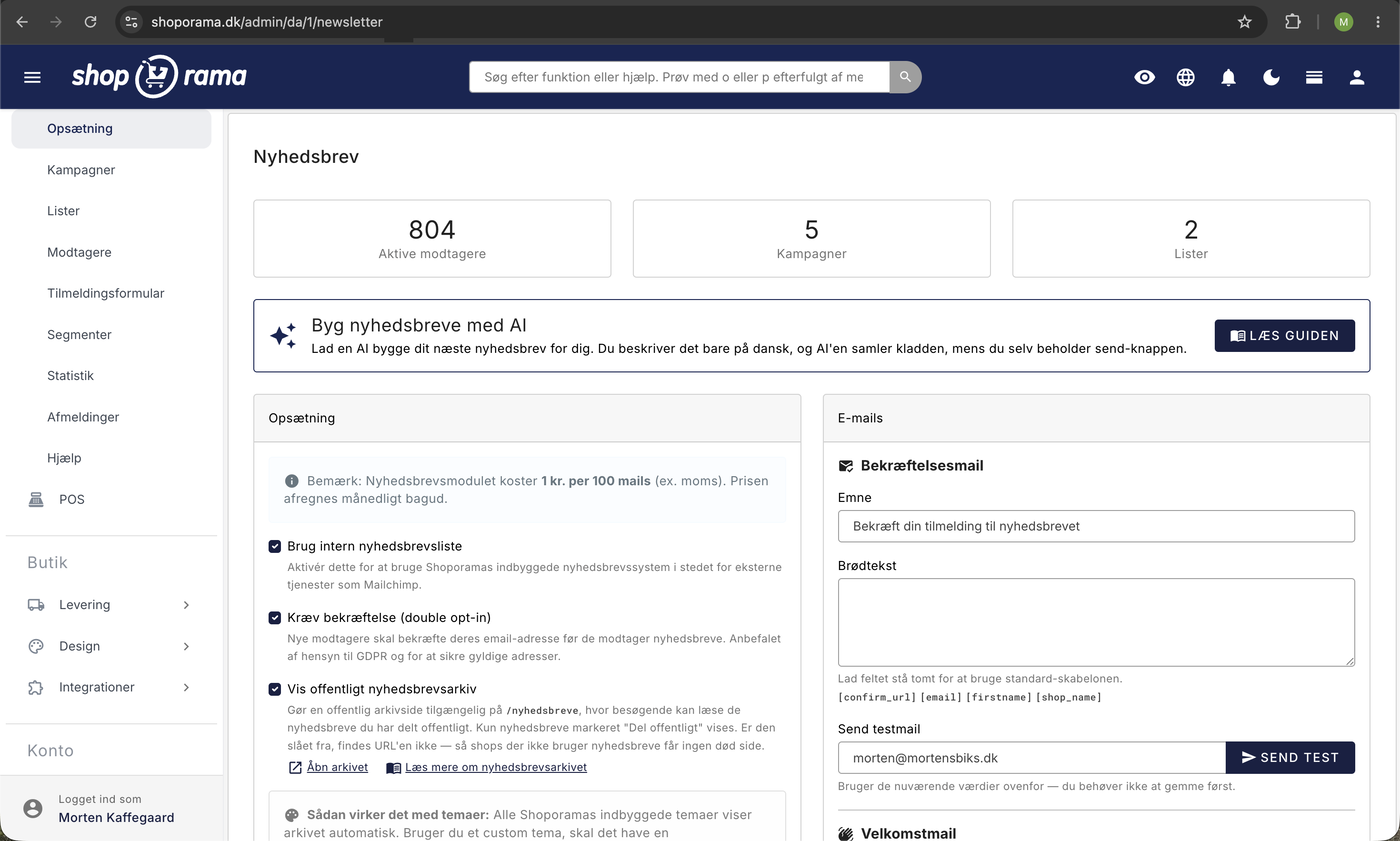 Opsætningssiden i nyhedsbrevsmodulet med nøgletal for 804 modtagere, 5 kampagner, og 2 lister samt indstillinger for intern liste og double opt-in