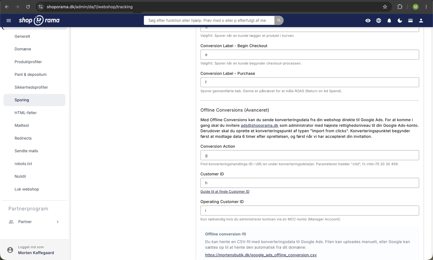 Sporing-siden med Offline Conversions-afsnittet: Conversion Action, Customer ID, og Operating Customer ID samt link til CSV-filen med konverteringsdata