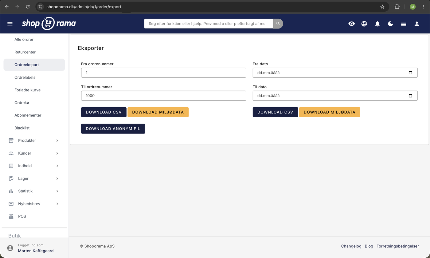 Ordreeksportsiden med felter for fra- og til-ordrenummer, datointerval og knapper til Download CSV, Download miljødata, og Download anonym fil.