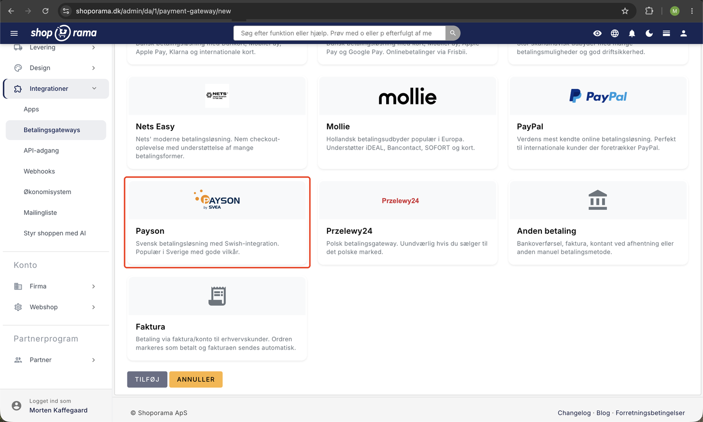 Payson-kortet markeret med rød ramme blandt betalingsgateways i Shoporama, ved siden af Nets Easy, Mollie, PayPal, og Przelewy24