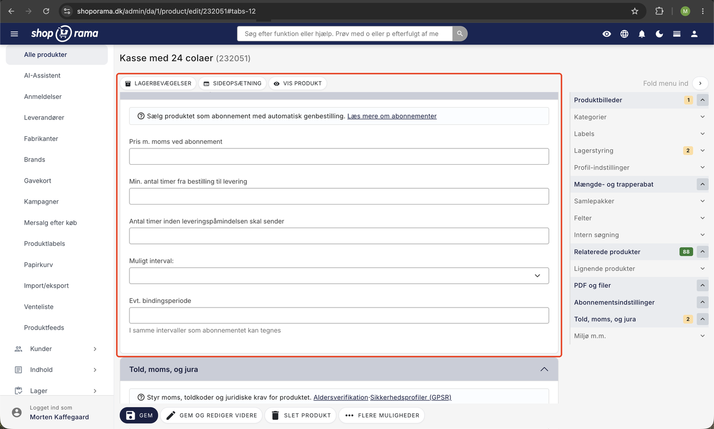 Abonnementsindstillinger på et produkt i Shoporama-admin med abonnementspris, minimumstid før levering, påmindelse, interval, og bindingsperiode.