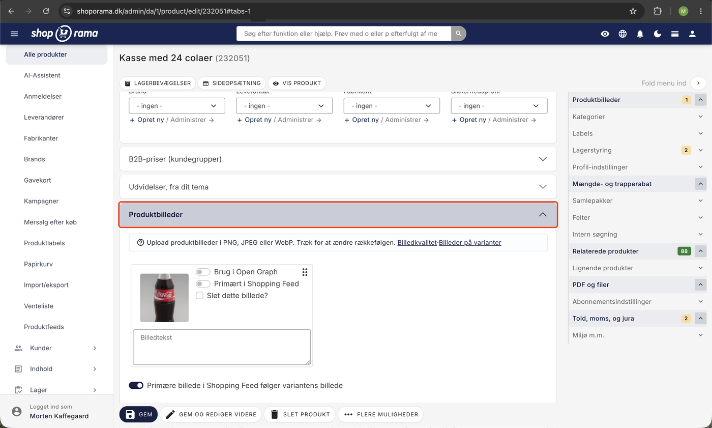 Produktbilleder-sektionen i produktredigering i Shoporama-admin med upload i PNG, JPEG, og WebP samt felter til billedtekst og Shopping Feed