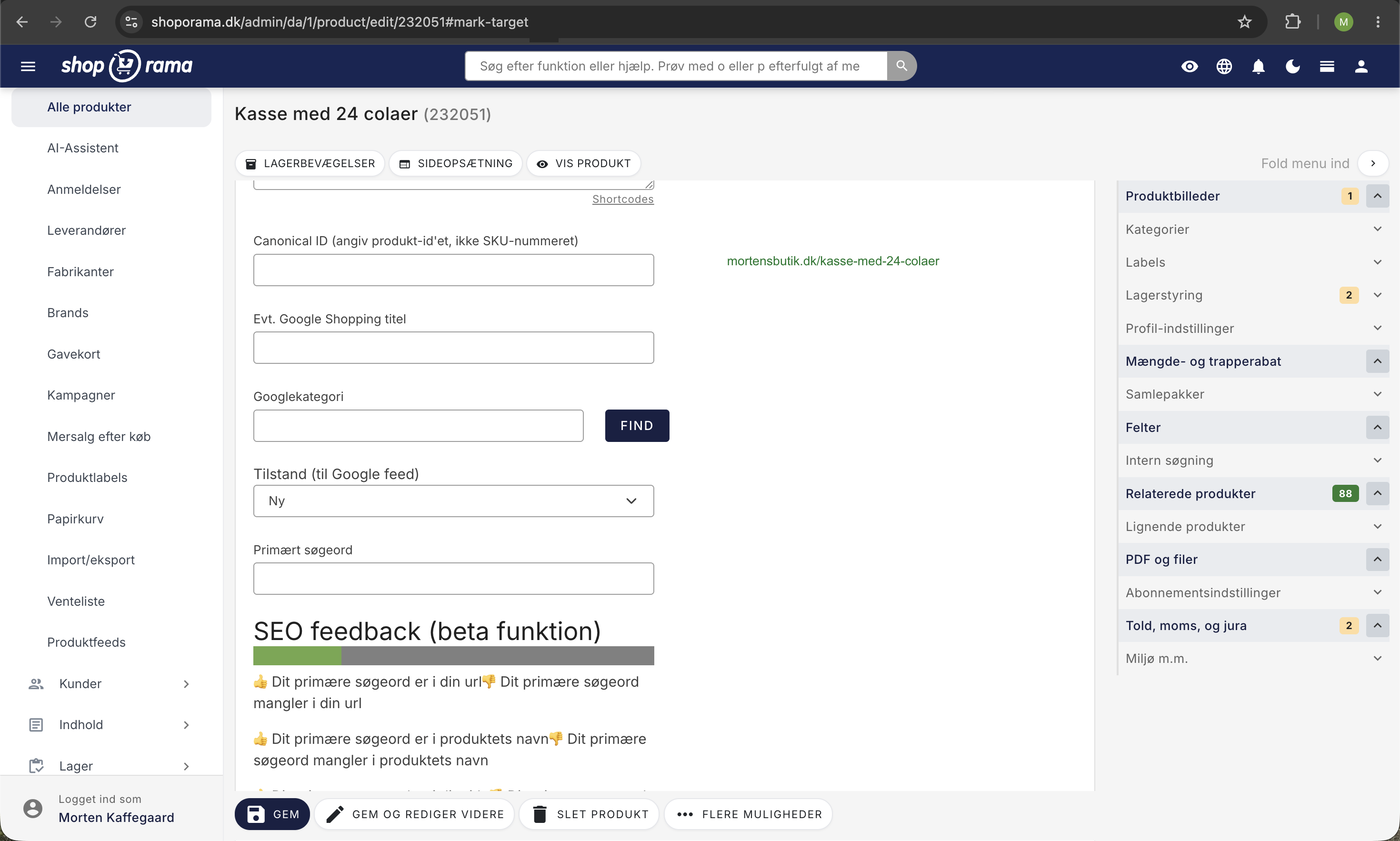 Produktredigering i Shoporama med SEO-felter: Canonical ID, Google Shopping-titel, Googlekategori, tilstand til Google feed, og primært søgeord