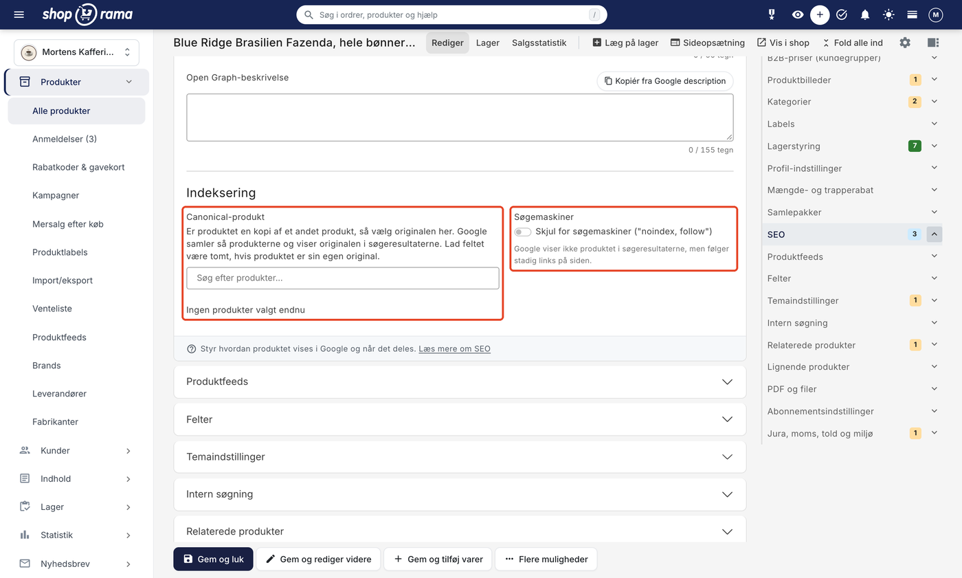 Afsnittet Indeksering med søgefeltet Canonical-produkt og kontakten Skjul for søgemaskiner noindex, follow
