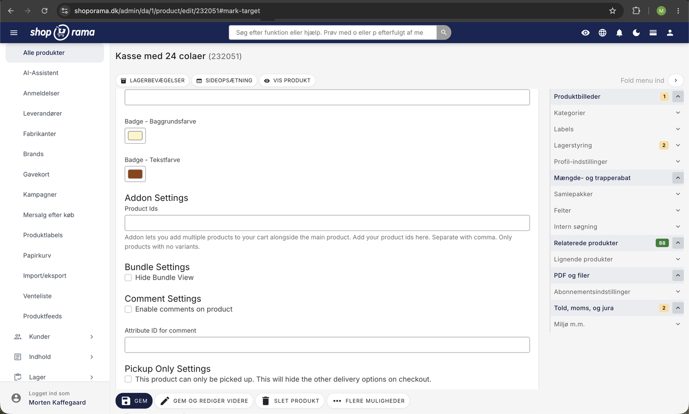 Tema-udvidelser på produktredigering: farvevælgere til badge-baggrund og badge-tekst, samt felter for addons, bundles, kommentarer, og kun afhentning.