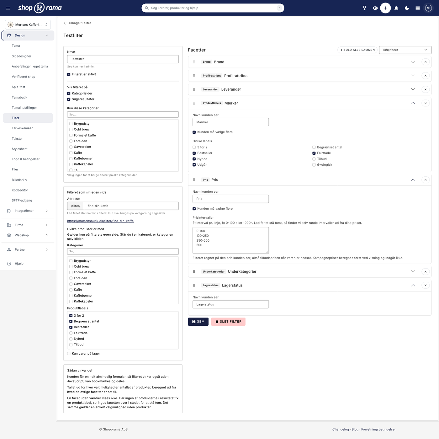 Filter-byggeren i Shoporama admin med facetter for brand, mærker, pris og lagerstatus